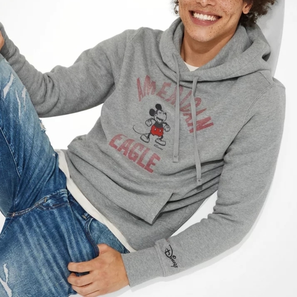 L • Disney X AE • Super Soft Fleece Gray Hoodie with Mickey Mouse Embroidery